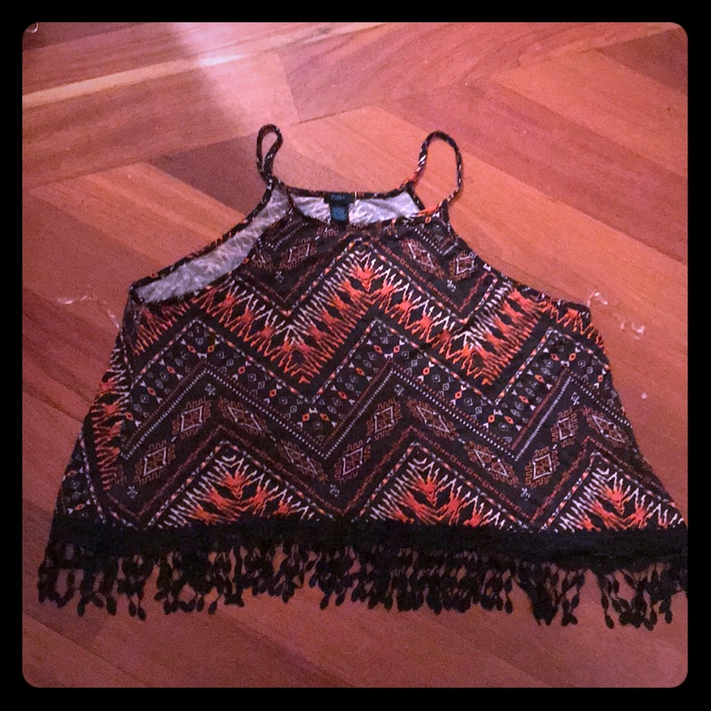 Rue 21 2x black orange white fringe tribal Top